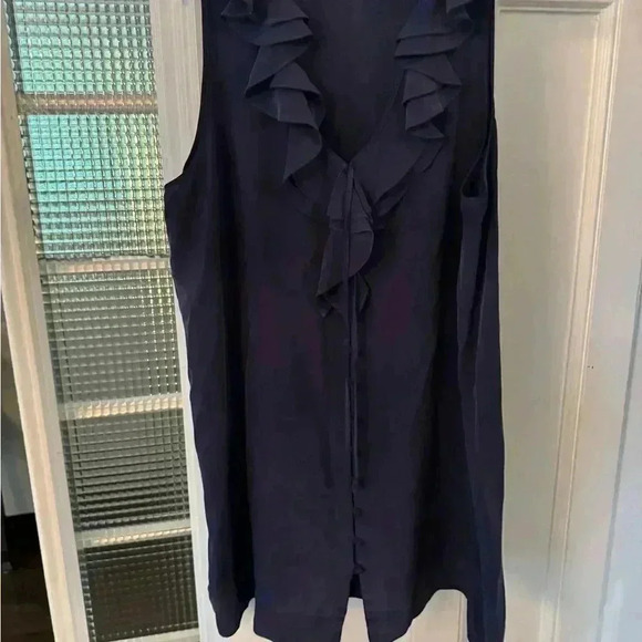 Joie 100% silk dress navy with ruffle v-neck button down front size L - Picture 2 of 12